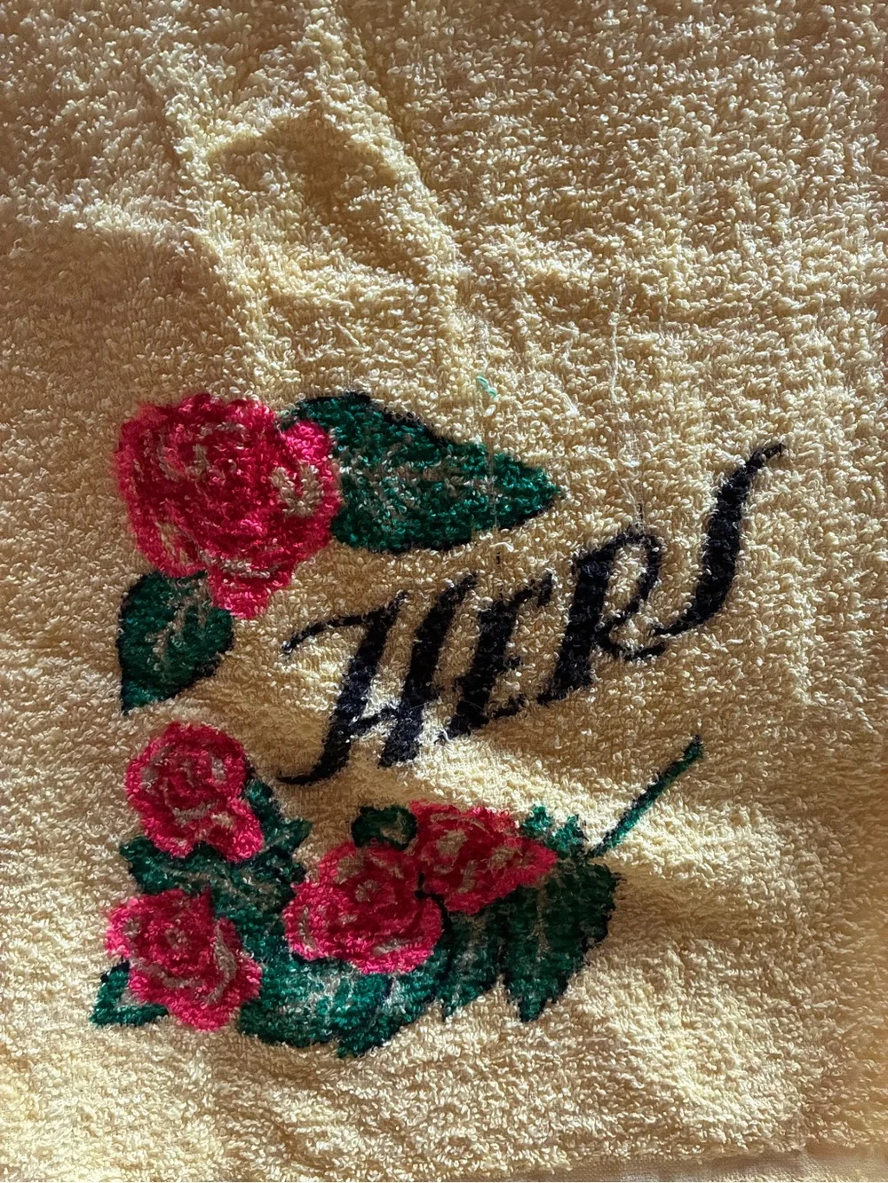 Vintage Yellow Embroidered Rose Hand Towel - Hips Script Accent